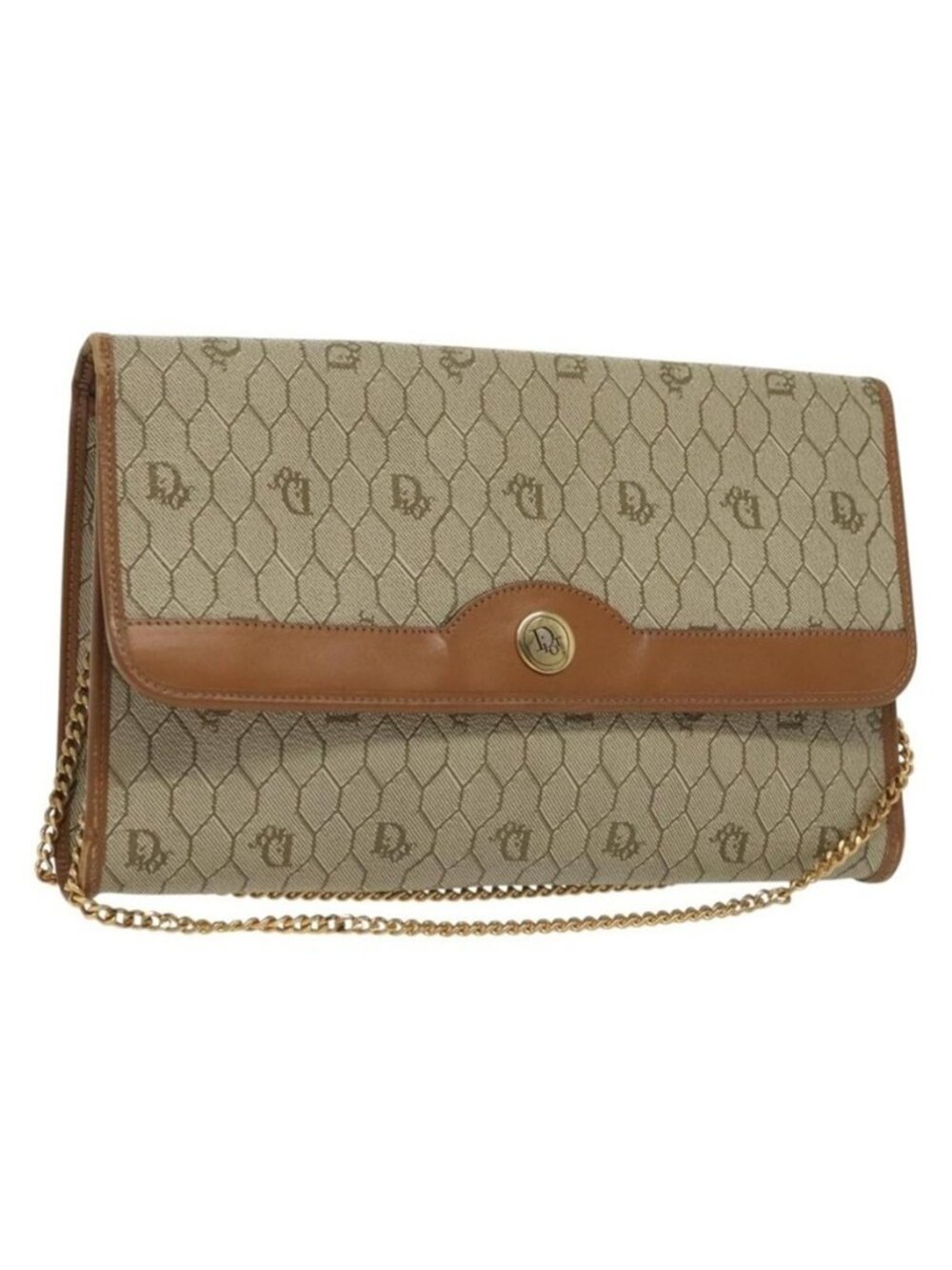 Authentic Christian Dior Honeycomb Canvas Chain Shoulder Bag PVC Beige Gold